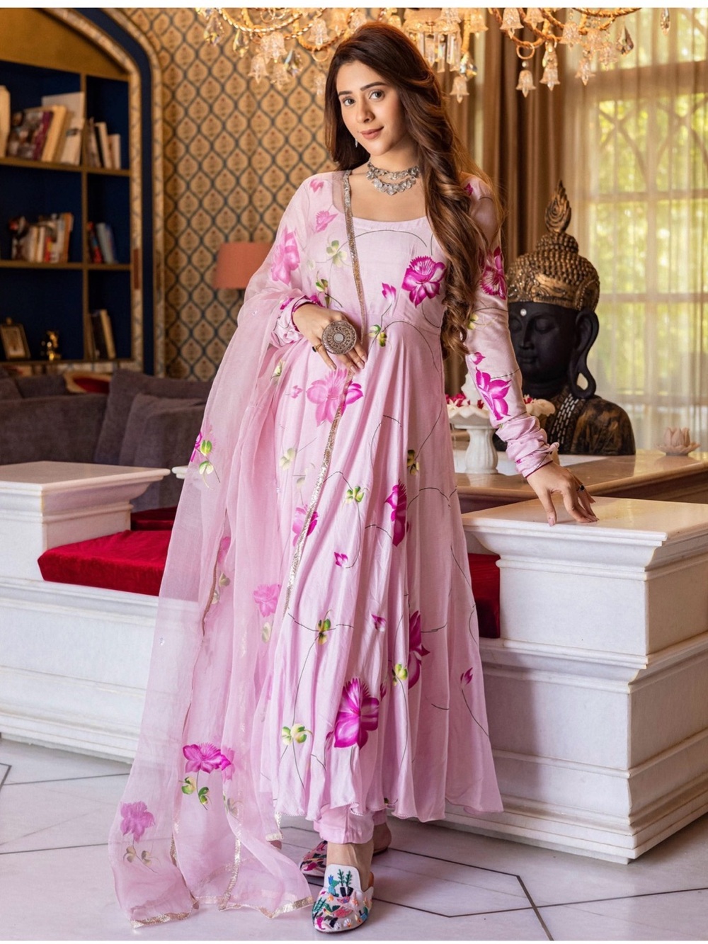 Soft Pink Floral Anarkali Dress with Dupatta
